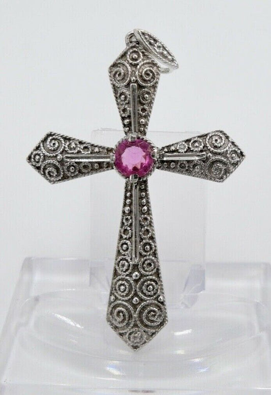 alter filigraner Kreuz Anhänger mit rosa Glasstein 835 Silber 62,0 mm - Antikhandel-Stuttgart