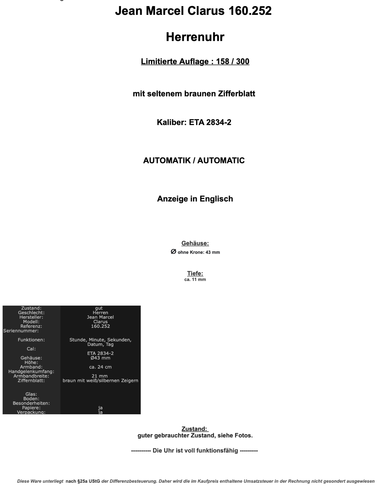 Jean Marcel Clarus 160.252 Braun ETA 2834-2 Automatic limitiert 158/300 Ø 43mm - Antikhandel-Stuttgart