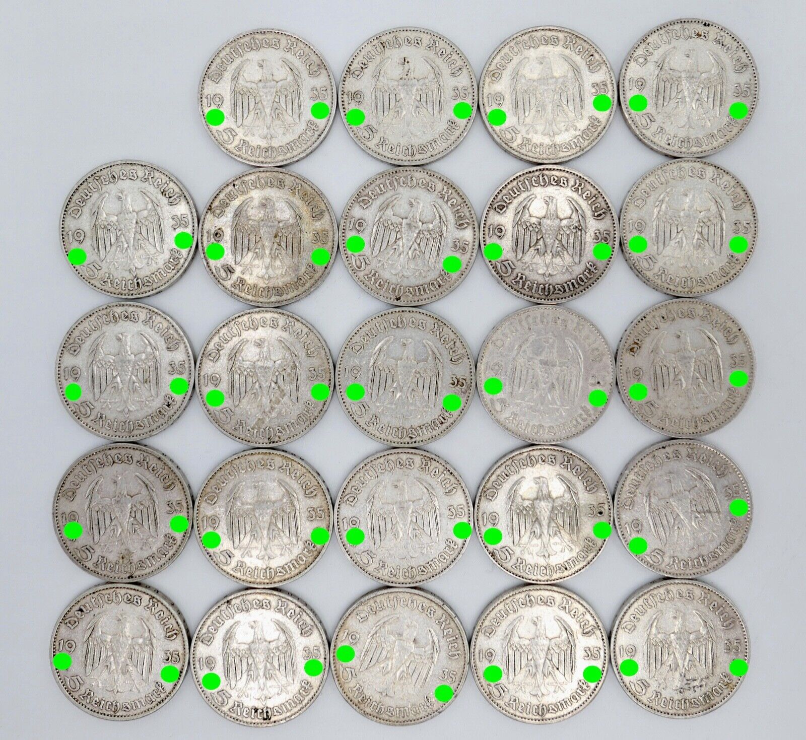 24x 5 Reichsmark 900 Silbermünzen J. 357 Garnisonskirche 1935 aus Münzrolle - Antikhandel-Stuttgart