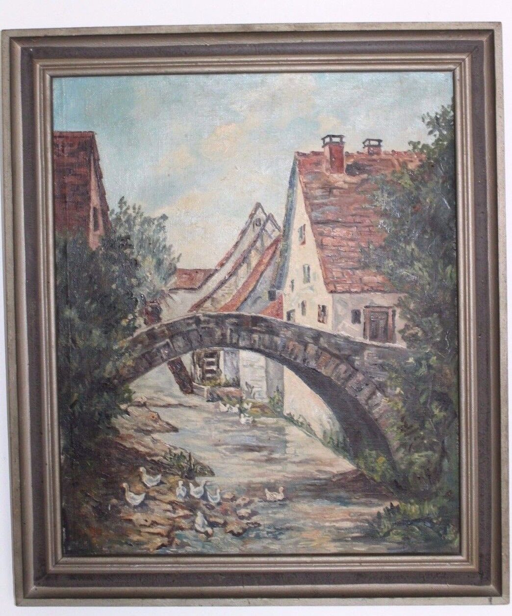 Großes Ölgemälde oil painting Dorf Bach Enten Brücke Wasser - Antikhandel-Stuttgart