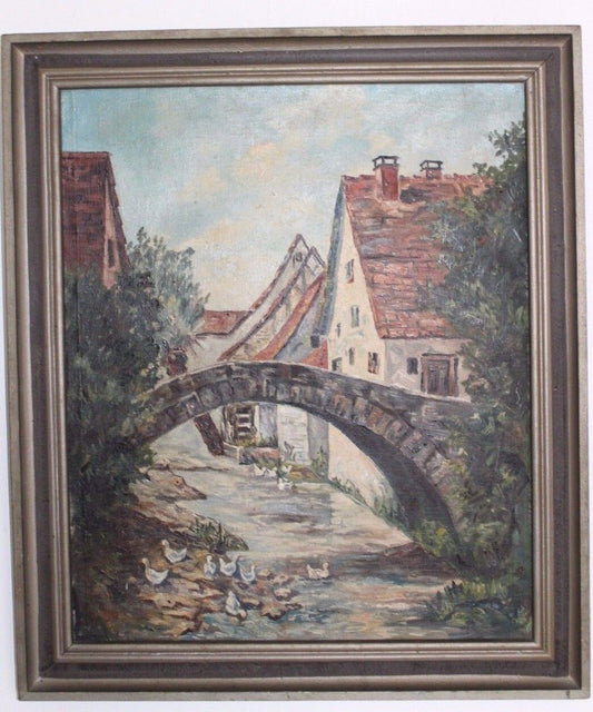 Großes Ölgemälde oil painting Dorf Bach Enten Brücke Wasser - Antikhandel-Stuttgart