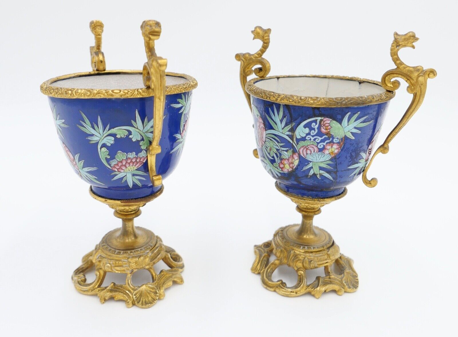 antik Mitte 19. Jhd 2x Kelch Becher Pokal feuervergoldet handbemalt Krakelee - Antikhandel-Stuttgart