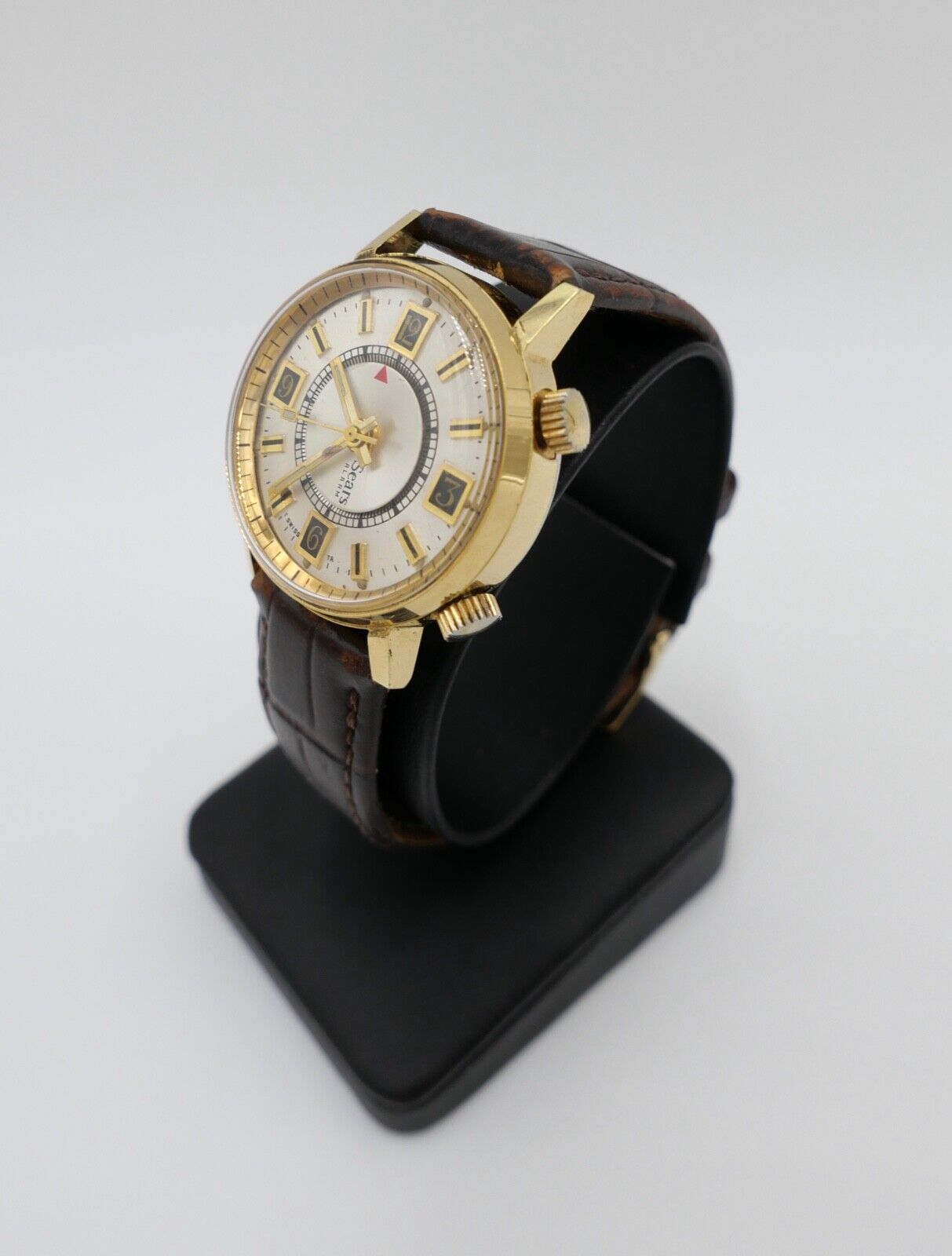 SEARS Mechanical Alarm 1970er Jahre Herrenuhr Handaufzug mit Lederband 16206 - Antikhandel-Stuttgart