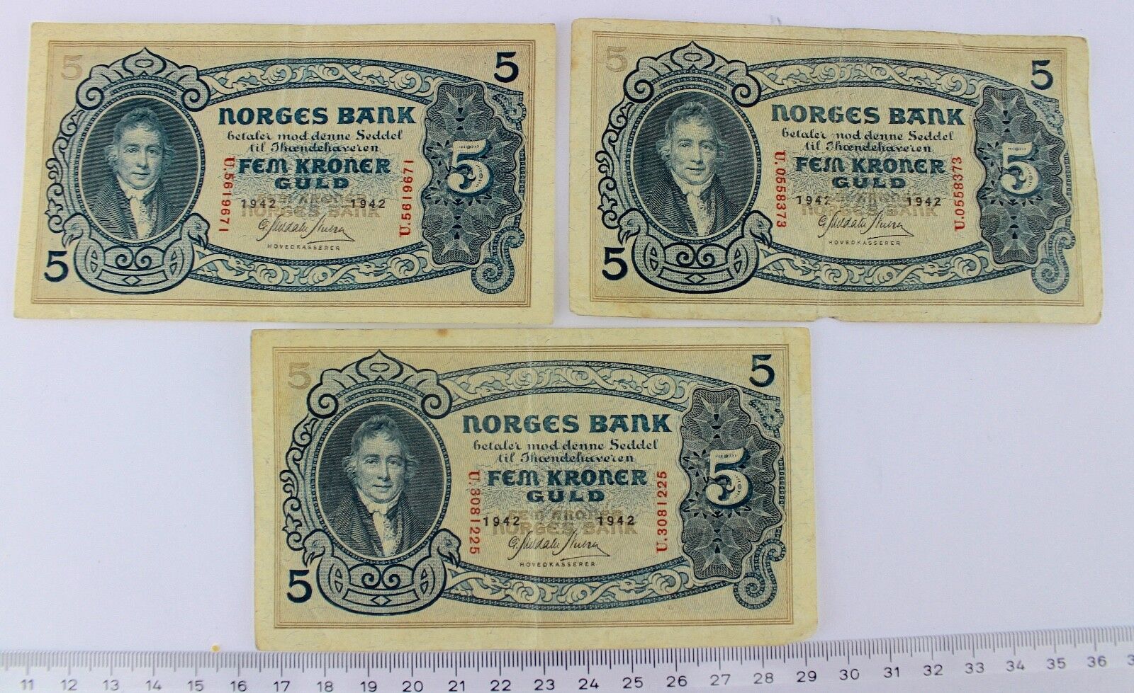 3x Banknote 5 KRONER 1942 Norwegen old bill Norway Norges Bank FEM GULD - Antikhandel-Stuttgart