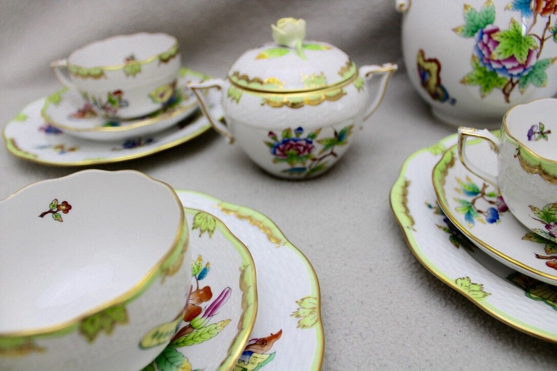 39 Tlg Herend Queen Victoria " Kaffees & Tee Service " Green Border Grün 1.Wahl - Antikhandel-Stuttgart