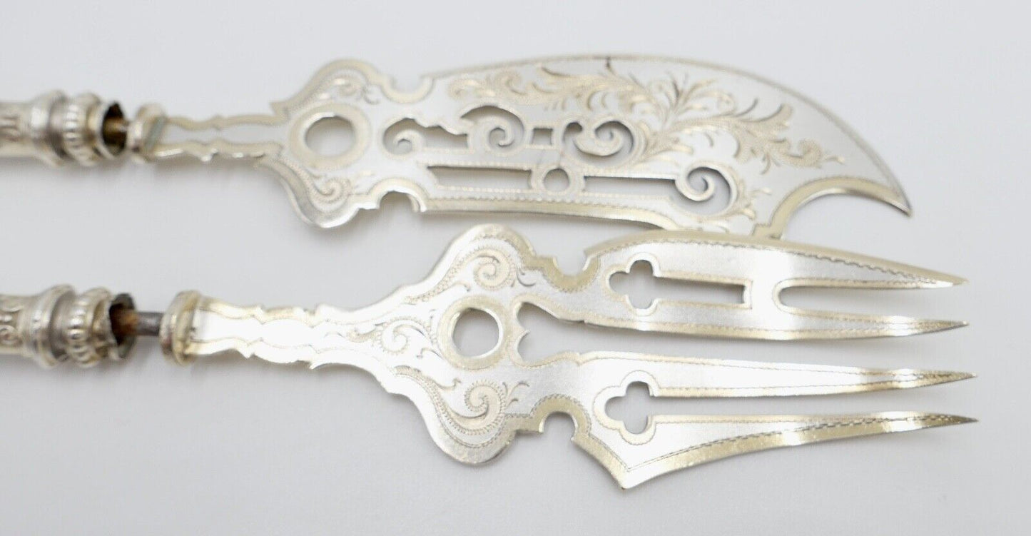 Seltenes Antikes 2 Tlg. Vorlegebesteck Fischgerichte Silber / vergoldet 19. JH - Antikhandel-Stuttgart