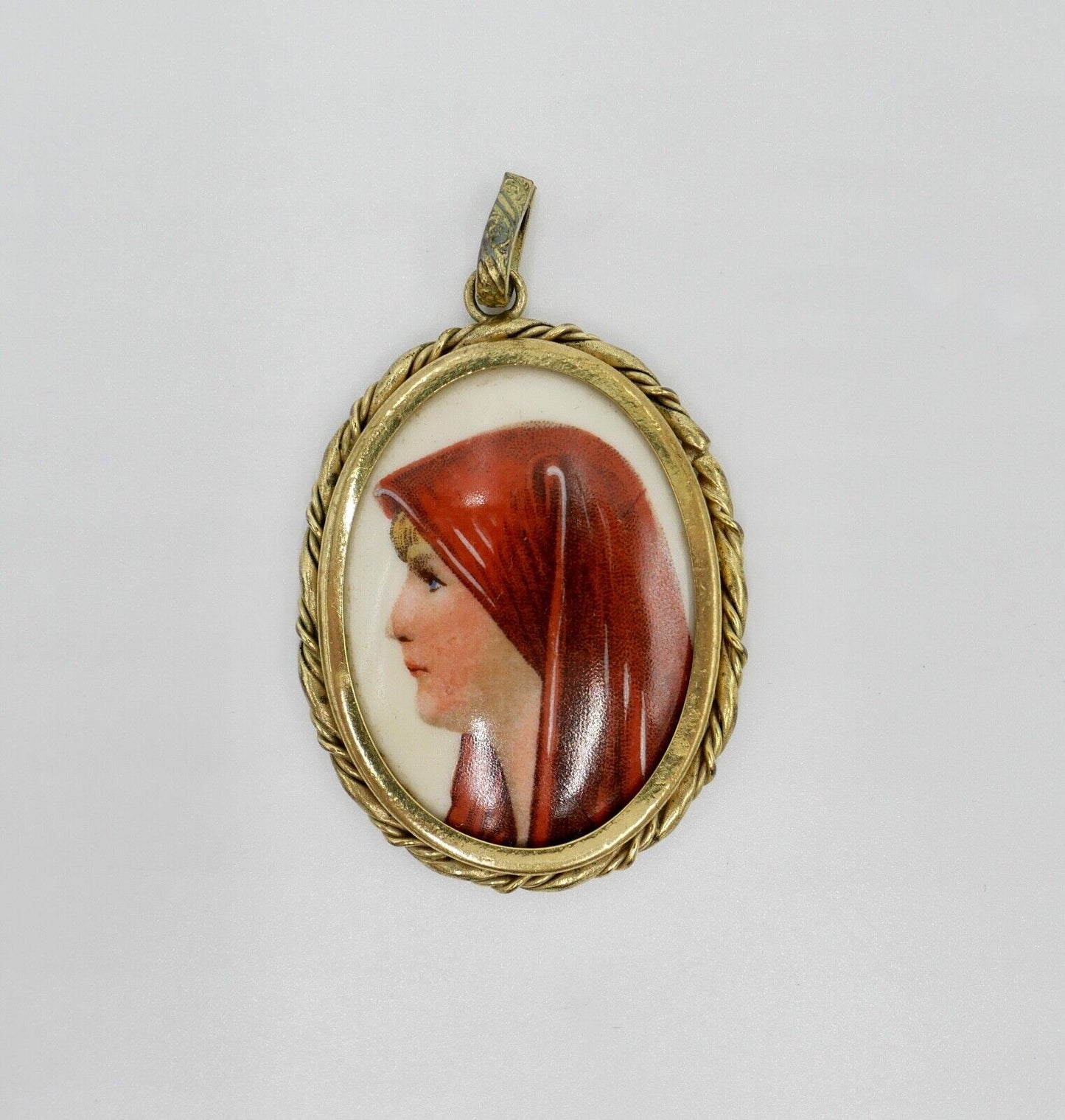 Altes Porzellan Amulett Anhänger Limoges Frankreich Junge Damen 55x43 vergoldet - Antikhandel-Stuttgart