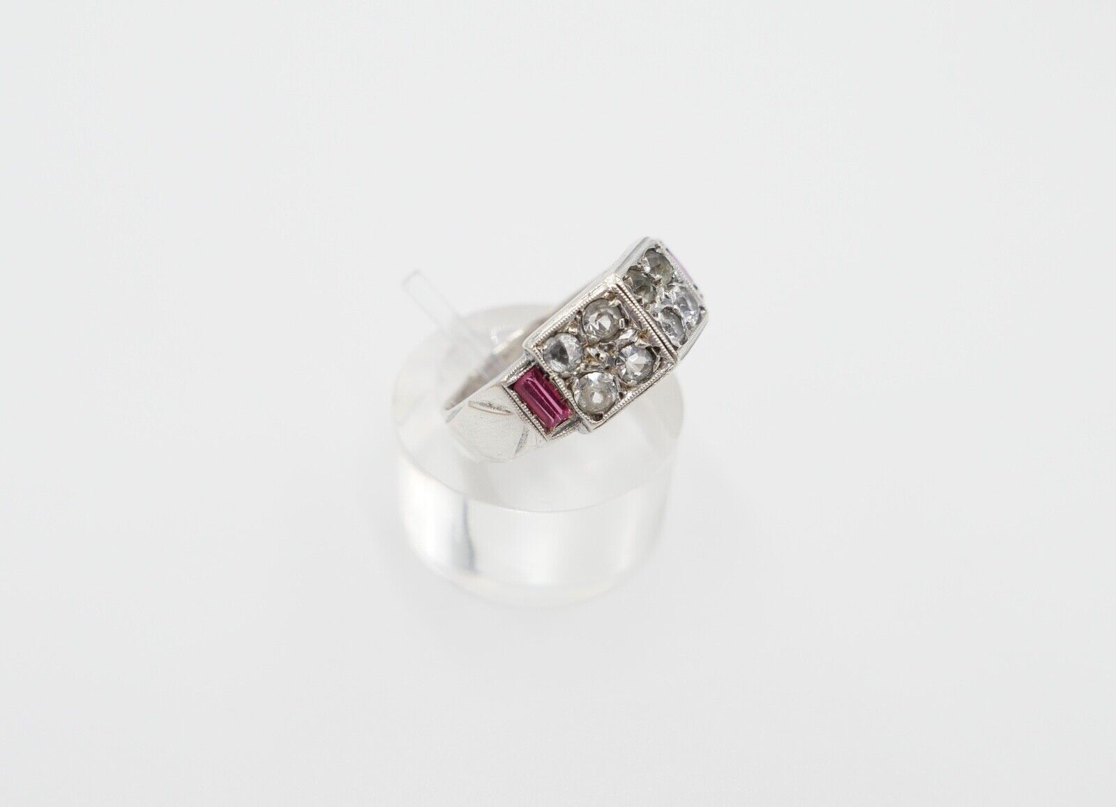 ART DECO Damenring Ring Silber Gr. 57 mit synth. Spinell Rubin Glasstein - Antikhandel-Stuttgart