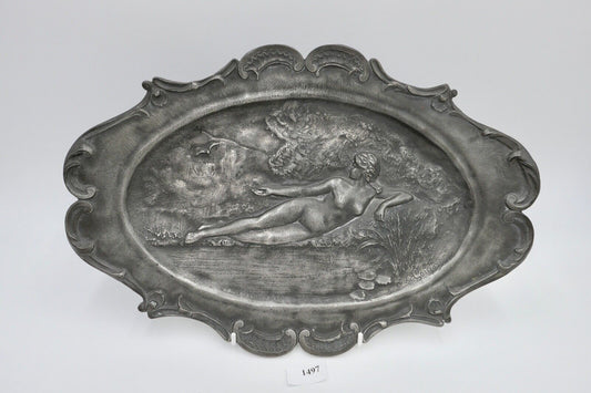 Zinn Wandteller Wandplatte Frankreich sign. Frauen AKT Etain Garanti ART NOUVEAU - Antikhandel-Stuttgart