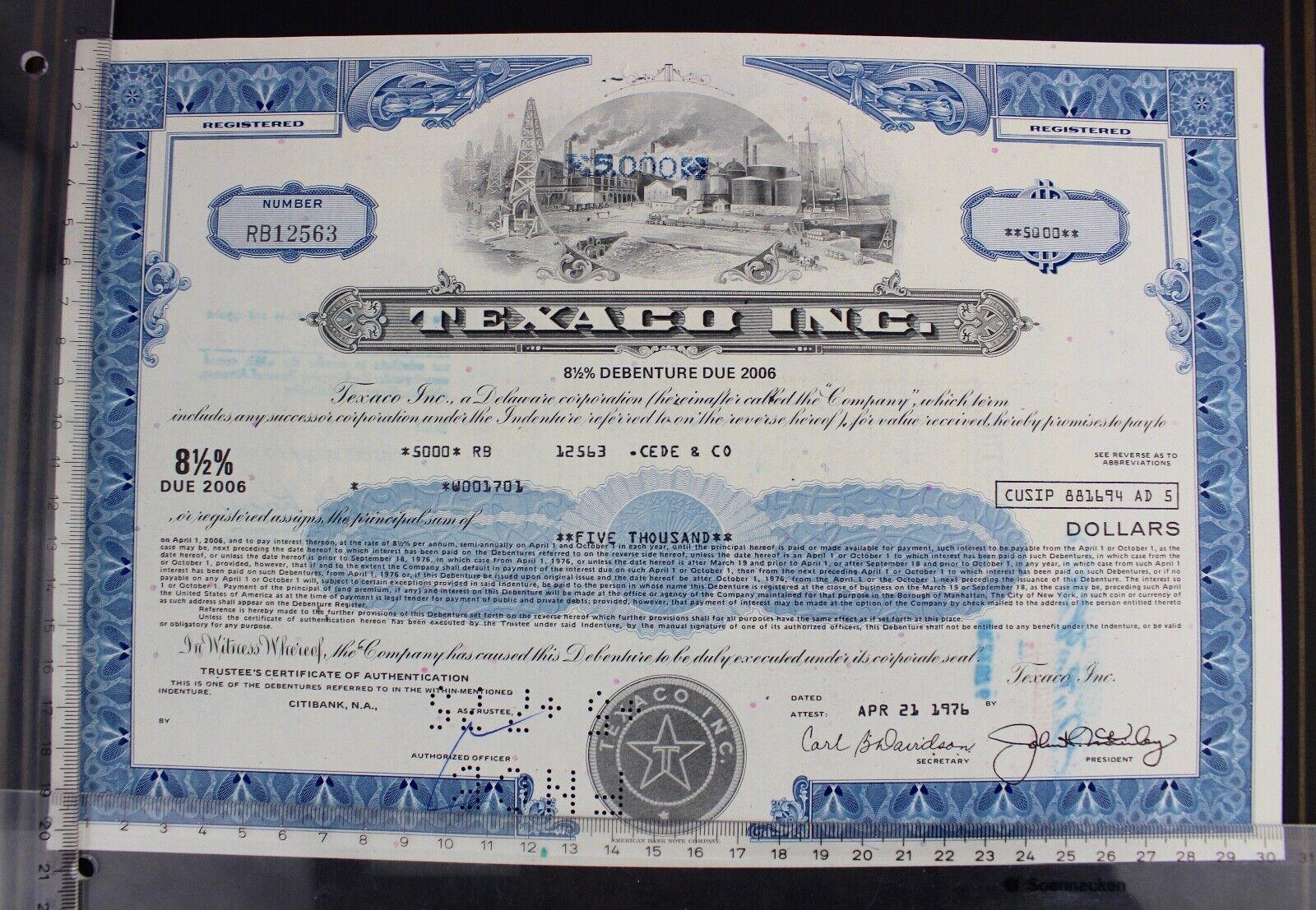 Texaco Inc 1976 alte USA Aktie Stock Certificate 5000 Dollars - Antikhandel-Stuttgart