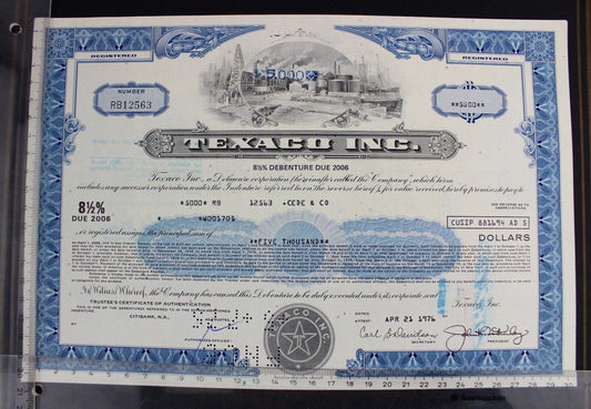 Texaco Inc 1976 alte USA Aktie Stock Certificate 5000 Dollars - Antikhandel-Stuttgart