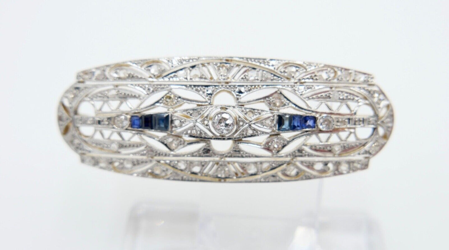 Art Deco 20er Brosche Gold Platin mit 6 Saphiren 55 Diamanten 1,8 Ct 750 18K - Antikhandel-Stuttgart