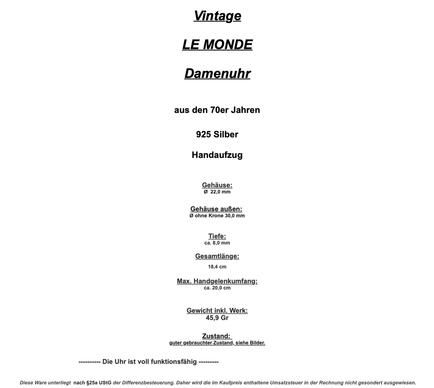 1970er Handaufzug LE MONDE Damen 925 Silber Uhr 45,9 Gr - Antikhandel-Stuttgart