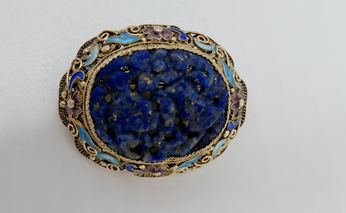 Lapislazuli Lapis Lazuli Brosche Emaille Silber vergoldet 1960er Jahre China - Antikhandel-Stuttgart