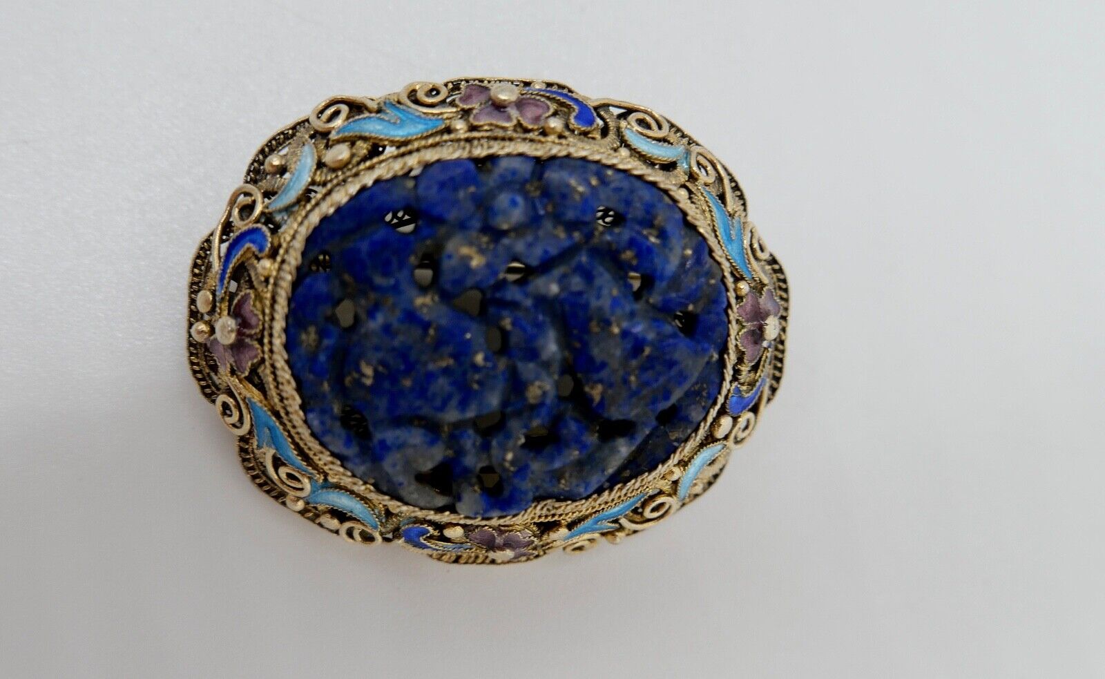 Lapislazuli Lapis Lazuli Brosche Emaille Silber vergoldet 1960er Jahre China - Antikhandel-Stuttgart