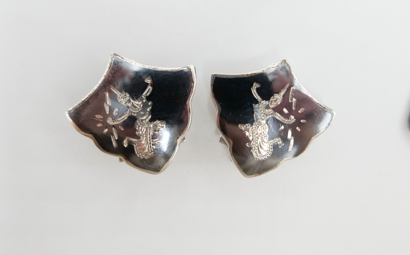 30er 40er Vintage Siam Sterling Silber Dunkelblau Grau Emaille Ohrclips - Antikhandel-Stuttgart