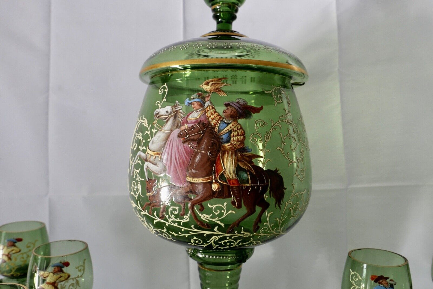 Antike Weinrömer Gläser Pokal XXL Bowle Set grün Emaille RAR Goldrand 53cm 1900 - Antikhandel-Stuttgart