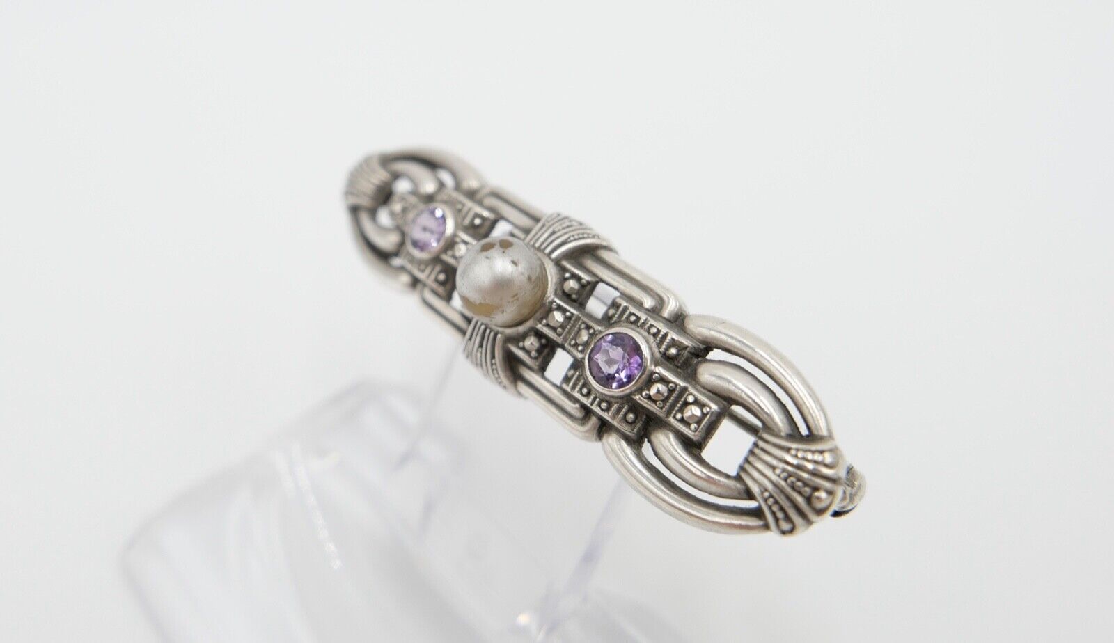 20er 30er Jahre Art Deco Silber 835 Brosche 53 mm mit lila Amethyst und Perle - Antikhandel-Stuttgart
