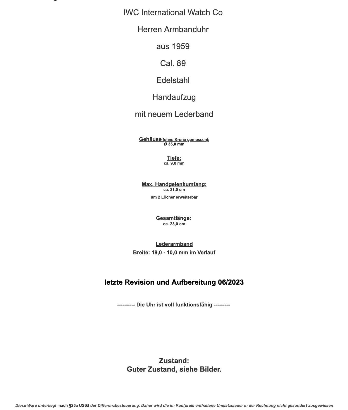 1959 IWC International Watch Co Herren Armbanduhr Cal. 89 Edelstahl Handaufzug - Antikhandel-Stuttgart