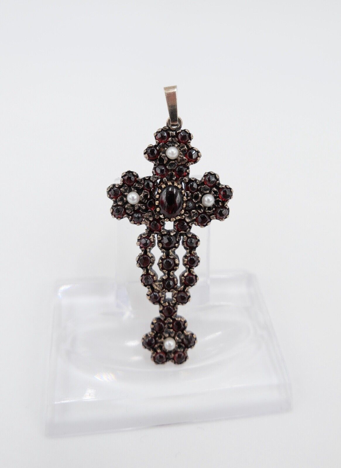 antik großer Granat Kreuz Anhänger um 1860 mit Perlen Silber 925 vergoldet - Antikhandel-Stuttgart