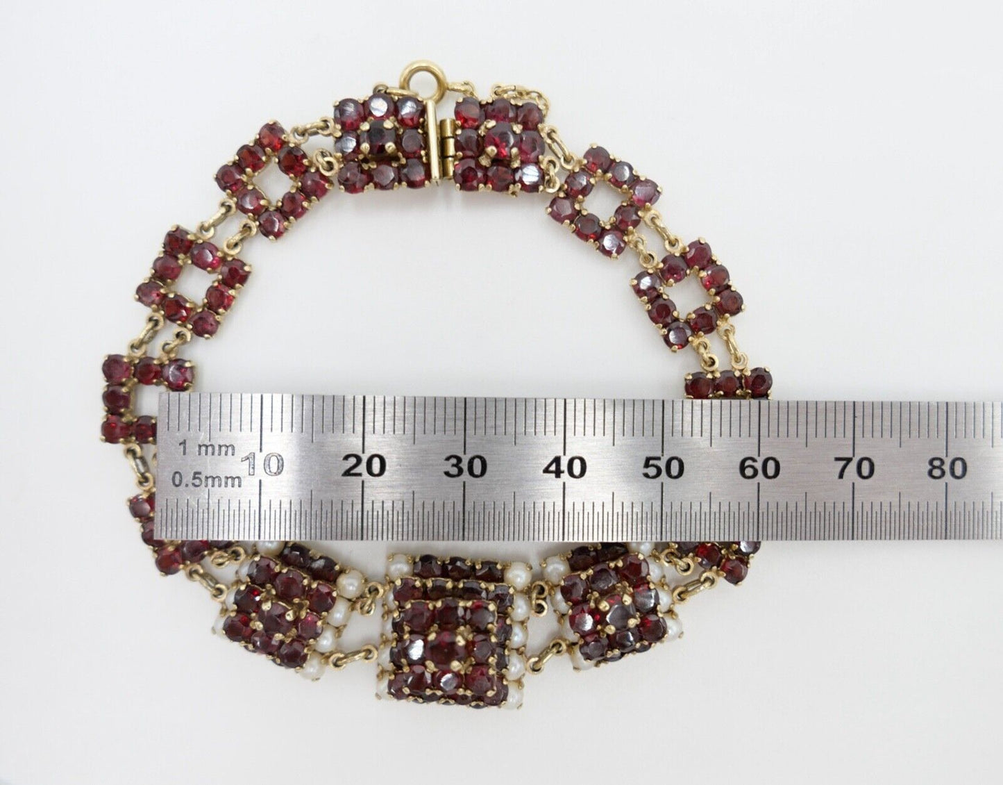 80er Jahre Gold Armband mit Granat und Perle 333 / 8 K Gold - Antikhandel-Stuttgart