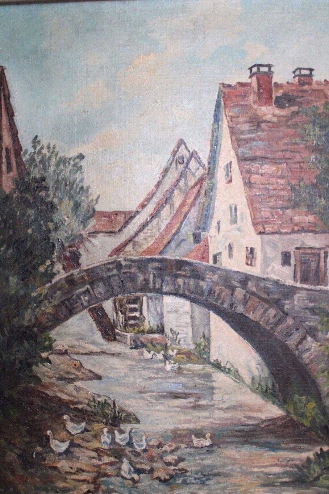 Großes Ölgemälde oil painting Dorf Bach Enten Brücke Wasser - Antikhandel-Stuttgart