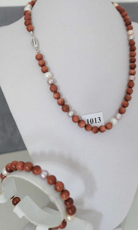 SET Perlenkette Armband Goldfluss Gold 585 /14K pearl Ø 8,3 mm 51 cm rosa Perlen - Antikhandel-Stuttgart