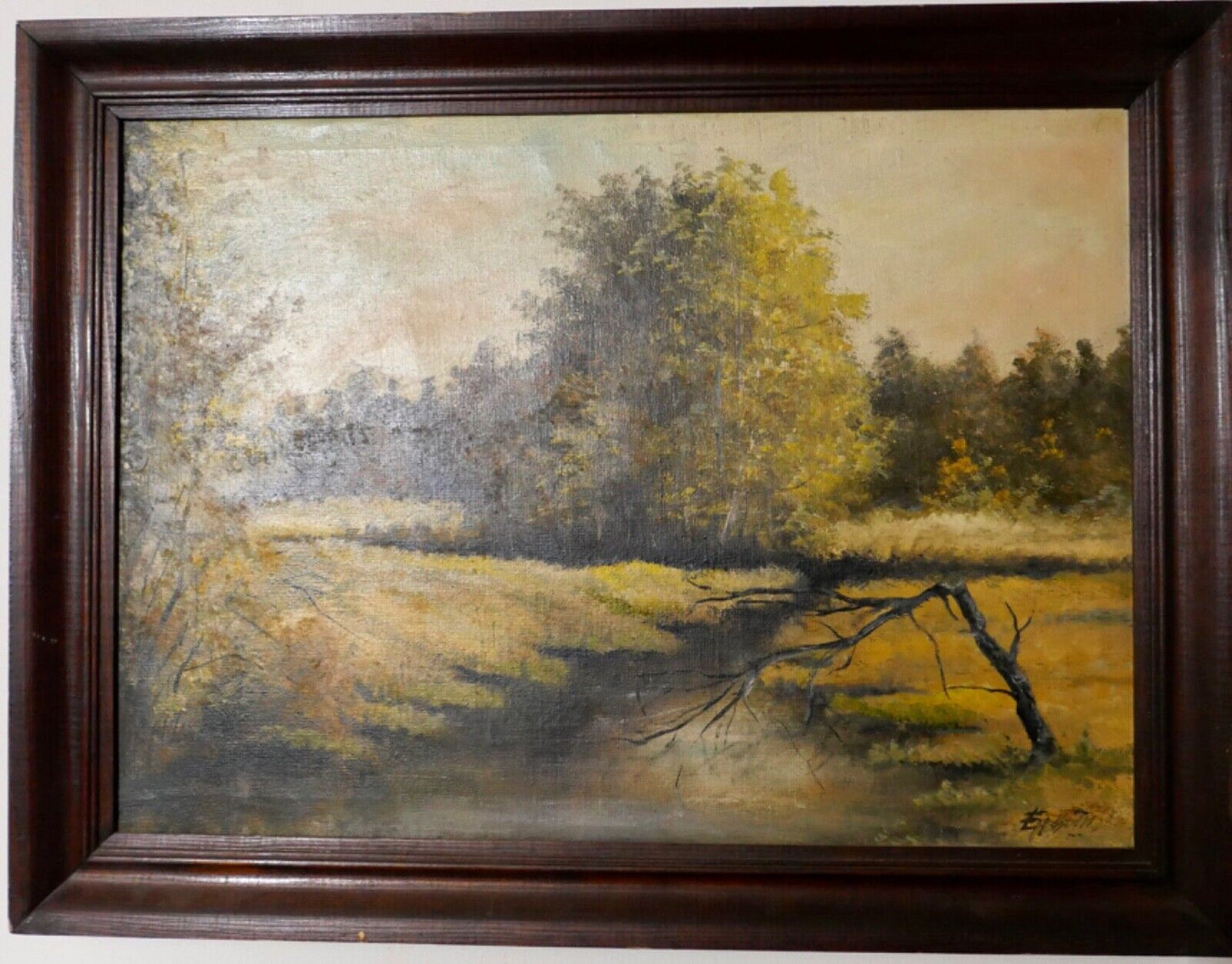 Ölgemälde 69x53cm Landschaft signiert Wald Bach Leinwand - Antikhandel-Stuttgart