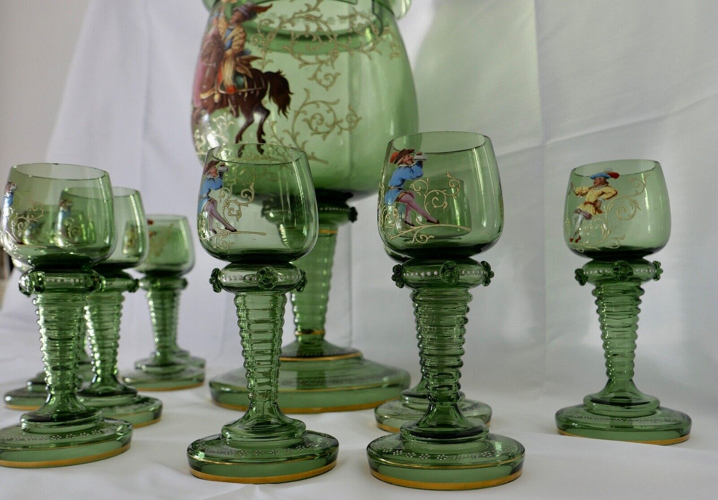 Antike Weinrömer Gläser Pokal XXL Bowle Set grün Emaille RAR Goldrand 53cm 1900 - Antikhandel-Stuttgart