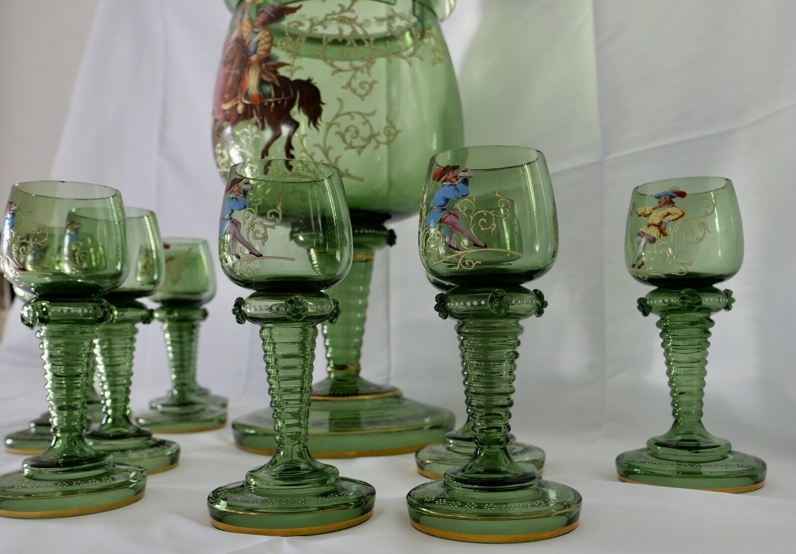 Antike Weinrömer Gläser Pokal XXL Bowle Set grün Emaille RAR Goldrand 53cm 1900 - Antikhandel-Stuttgart