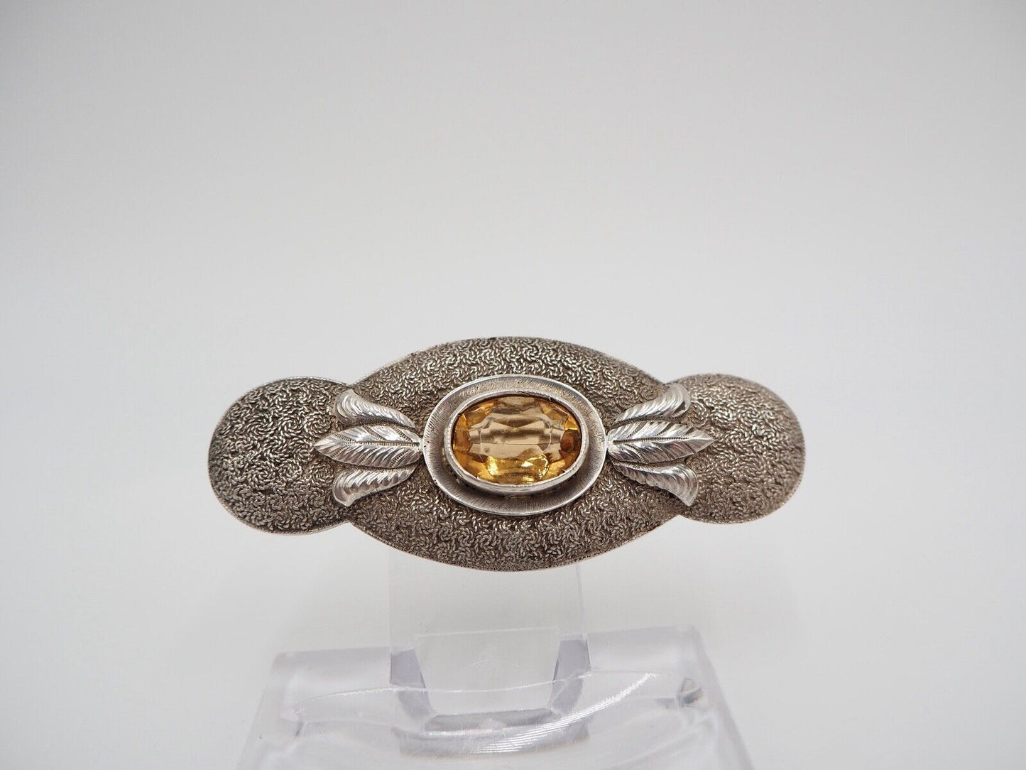 50er Jahre florale Silber 835 große Brosche 66 mm Schmuckstein orange Glasstein - Antikhandel-Stuttgart