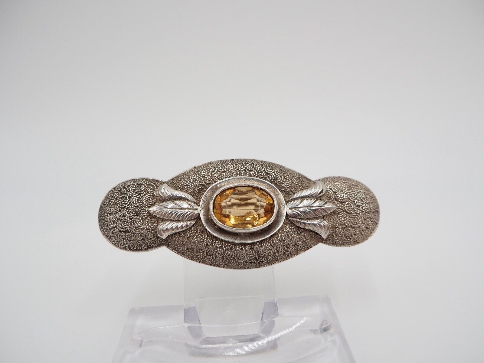 50er Jahre florale Silber 835 große Brosche 66 mm Schmuckstein orange Glasstein - Antikhandel-Stuttgart