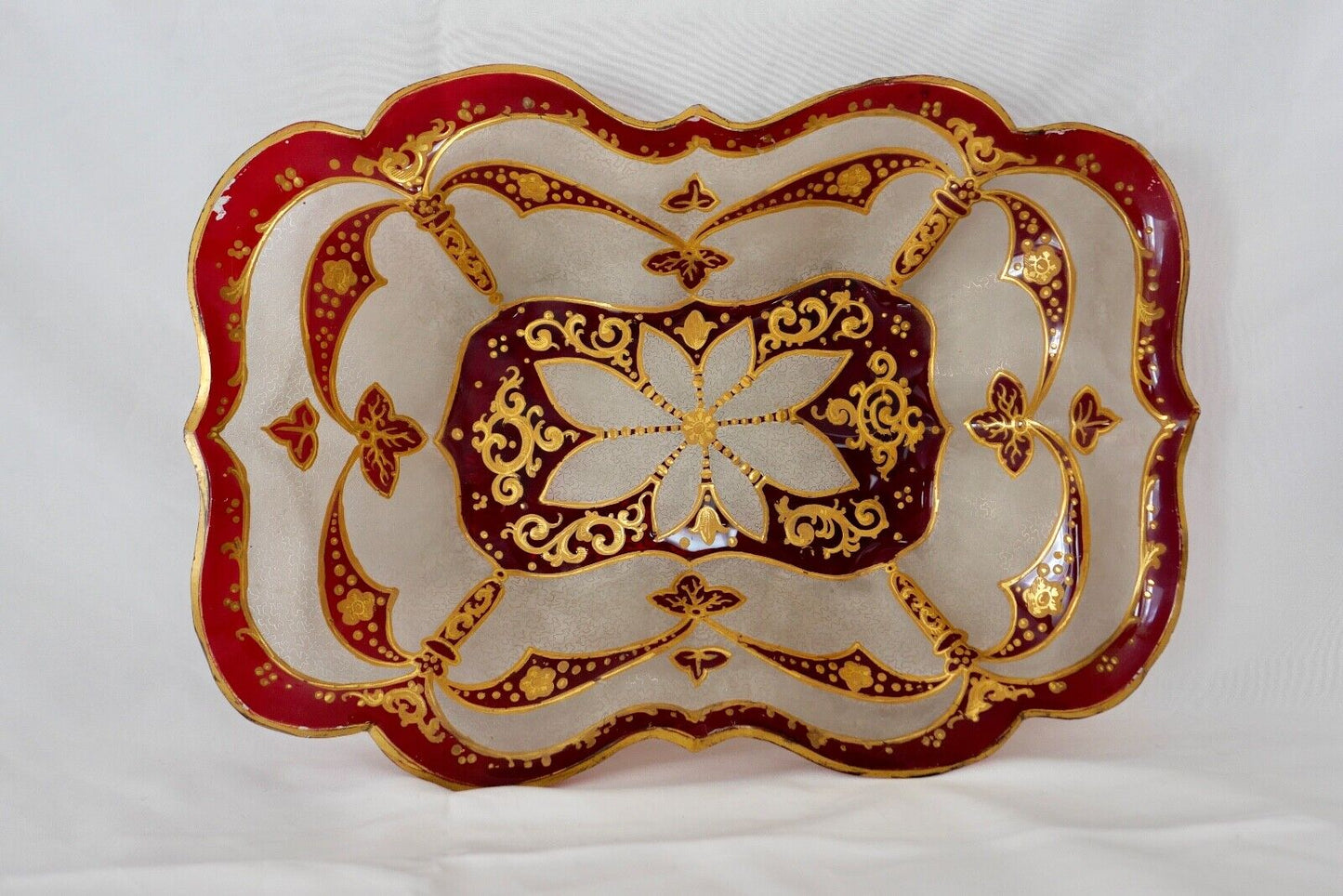Antike Jugendstil Glasschale um 1900 Rot Gold Handgefertigt Handbemalt 34x23cm - Antikhandel-Stuttgart