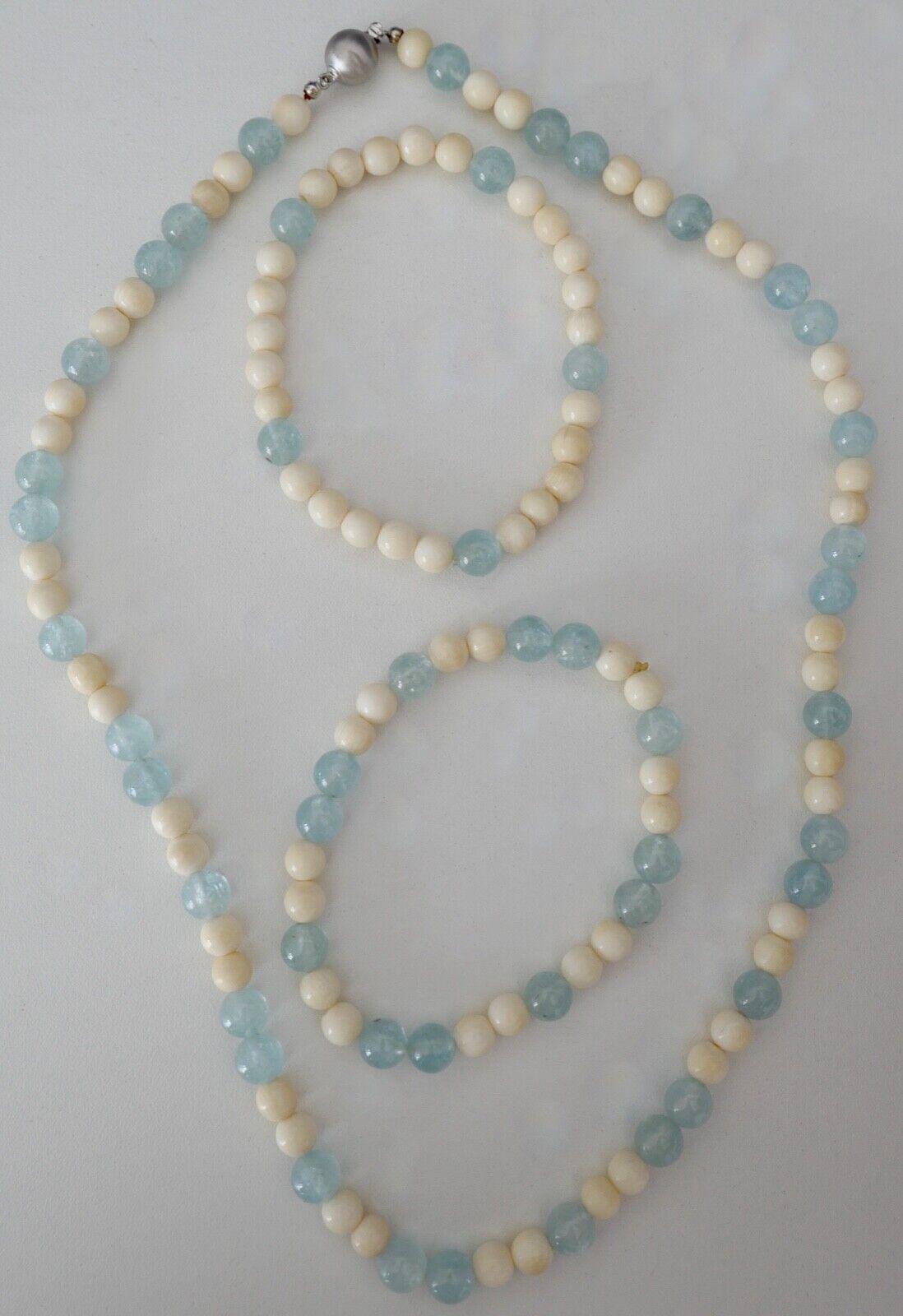 SET 3 Teilig Armband & Kette 55 cm Bein & Aquamarin 585 / 14K Gold - Antikhandel-Stuttgart