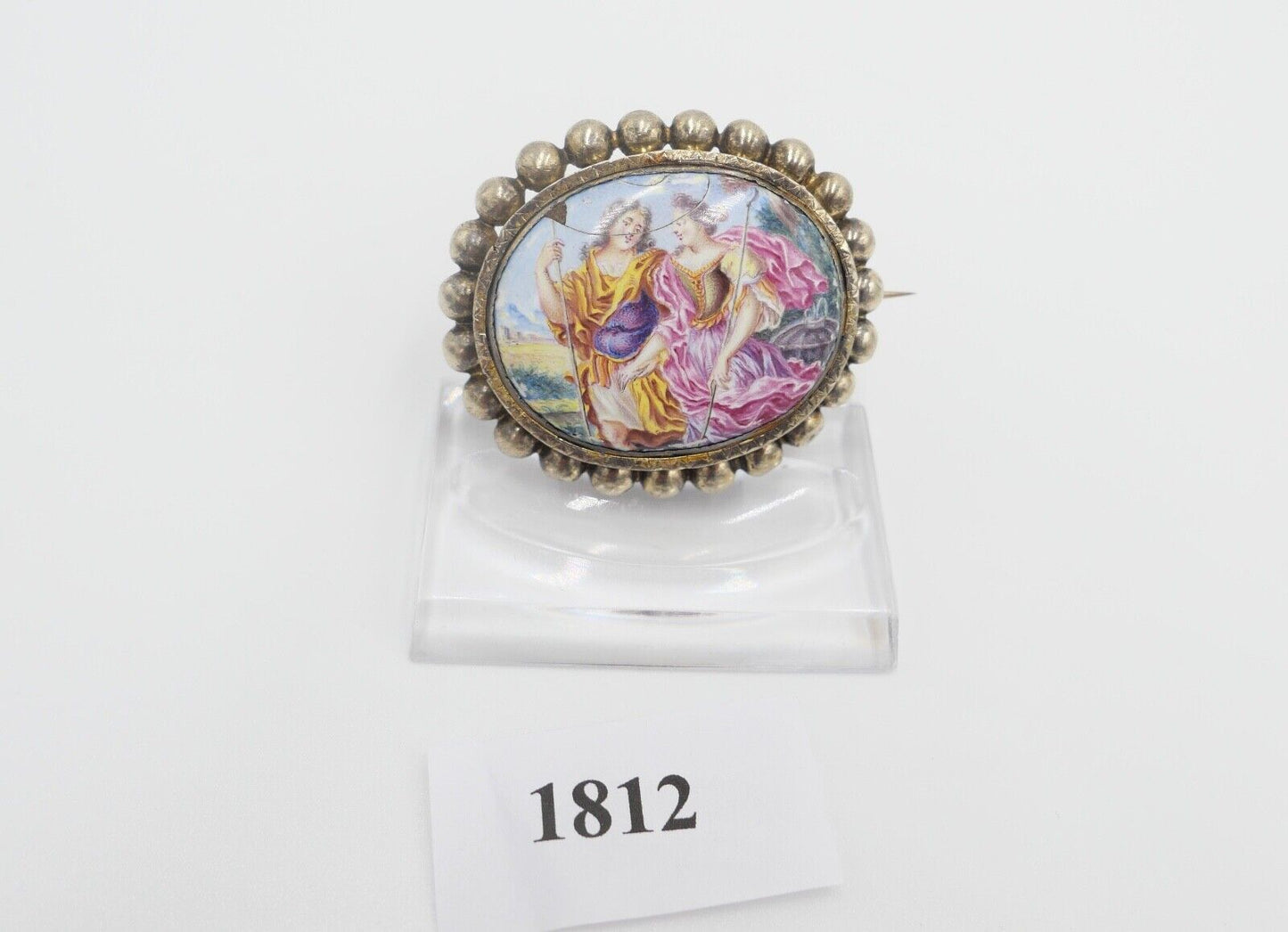 antike Brosche aus dem 19. Jh Silber vergoldet Emaille Barock Szene - Antikhandel-Stuttgart