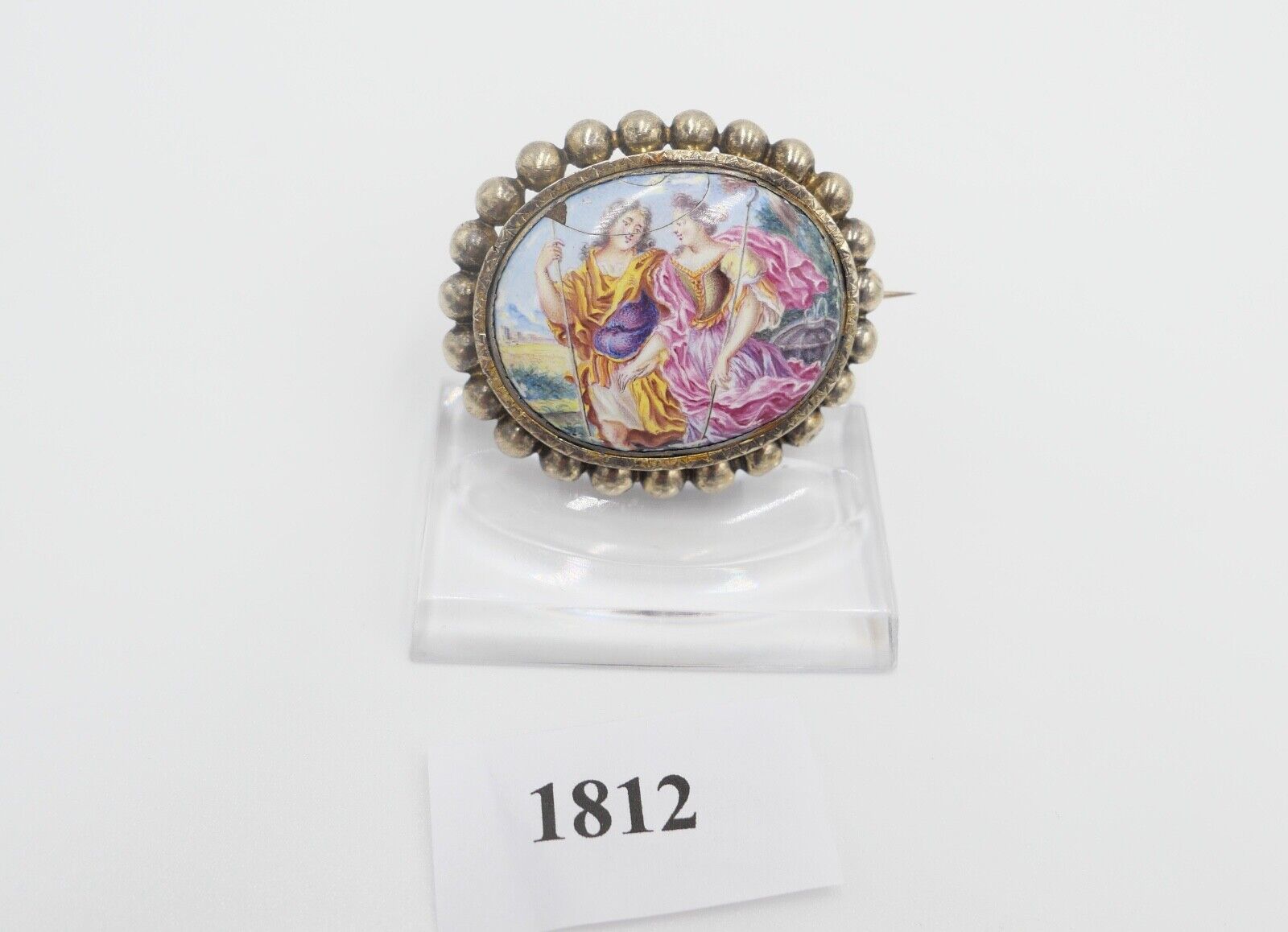 antike Brosche aus dem 19. Jh Silber vergoldet Emaille Barock Szene - Antikhandel-Stuttgart