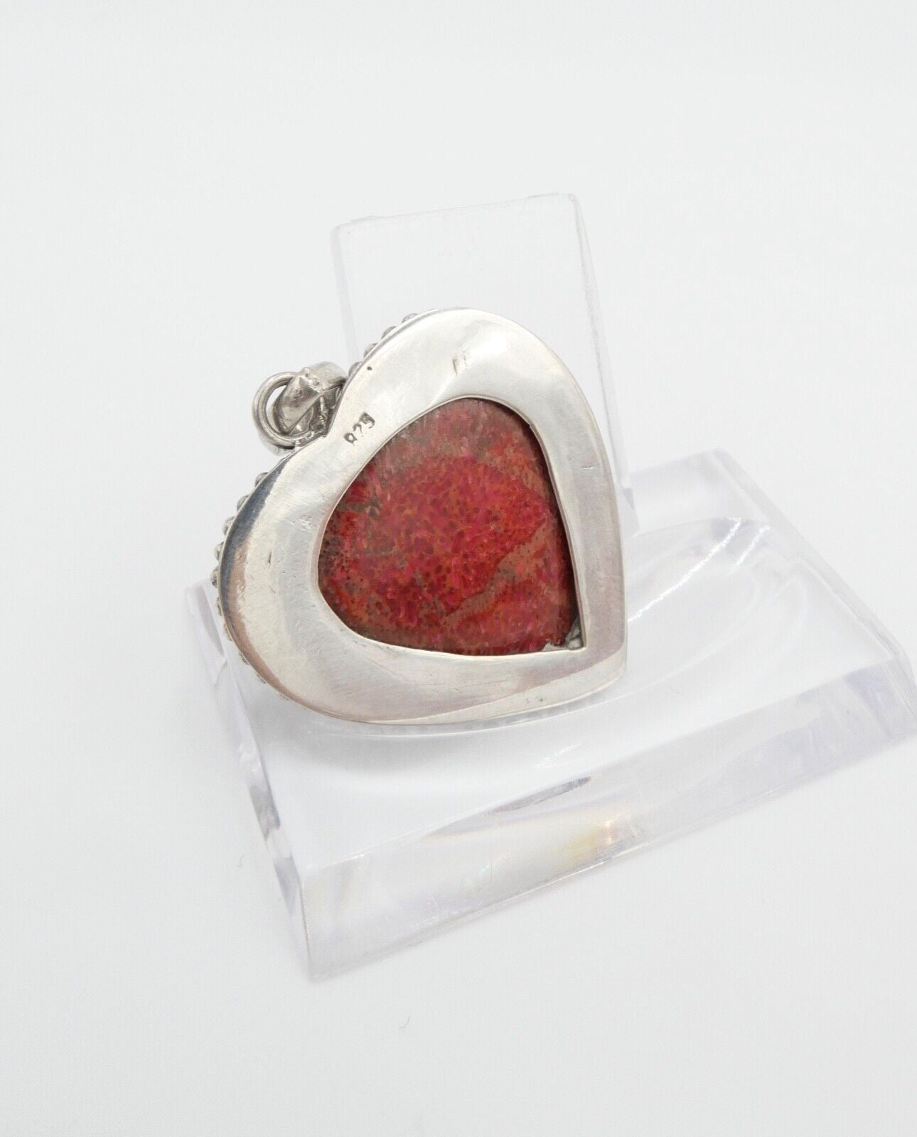 80er Jahre Anhänger roter Jaspis Trommelstein Herz Anhänger 925 Silber - Antikhandel-Stuttgart
