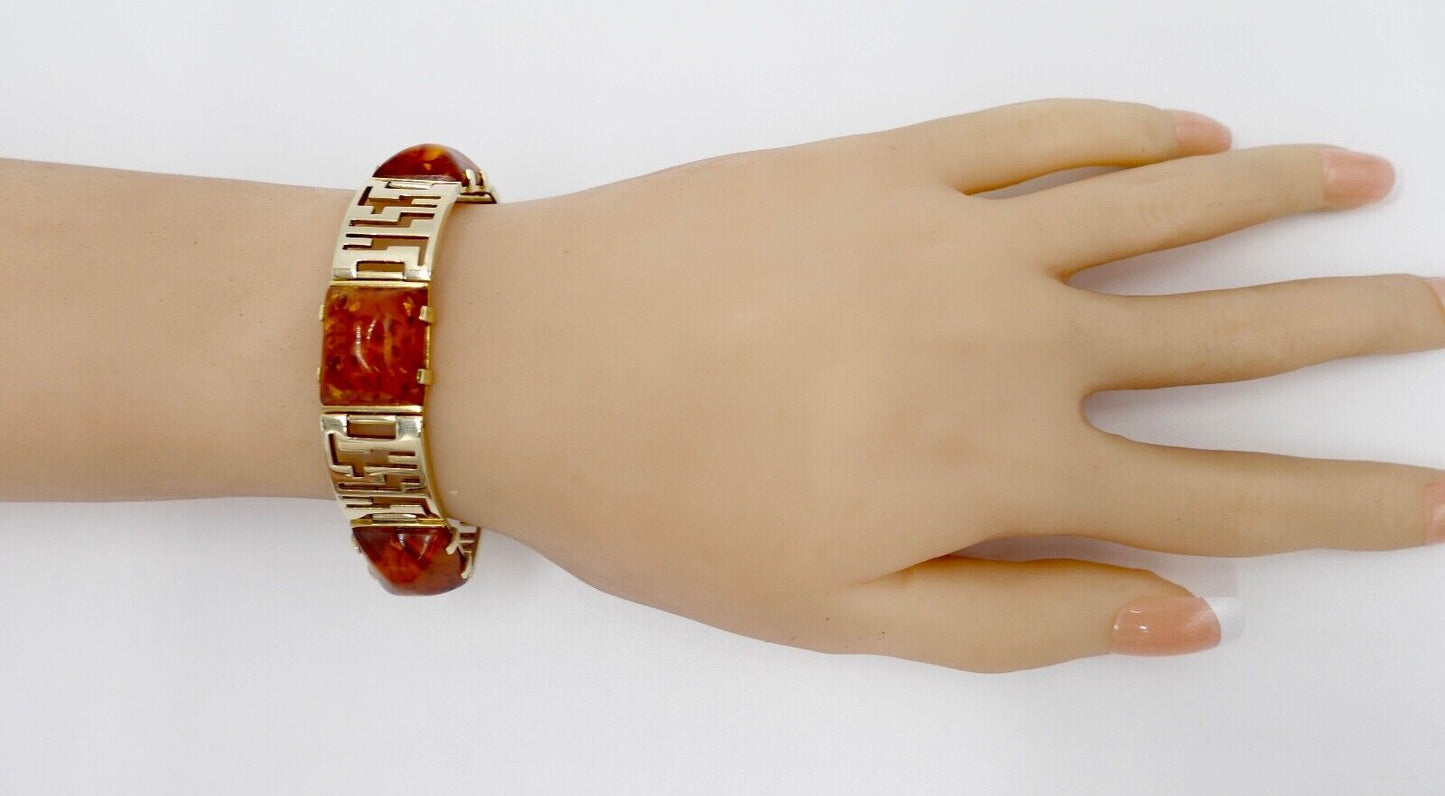 1980er Bernstein Armband Armschmuck 333 / 8K Gelb Gold Amber 18,5 cm - Antikhandel-Stuttgart