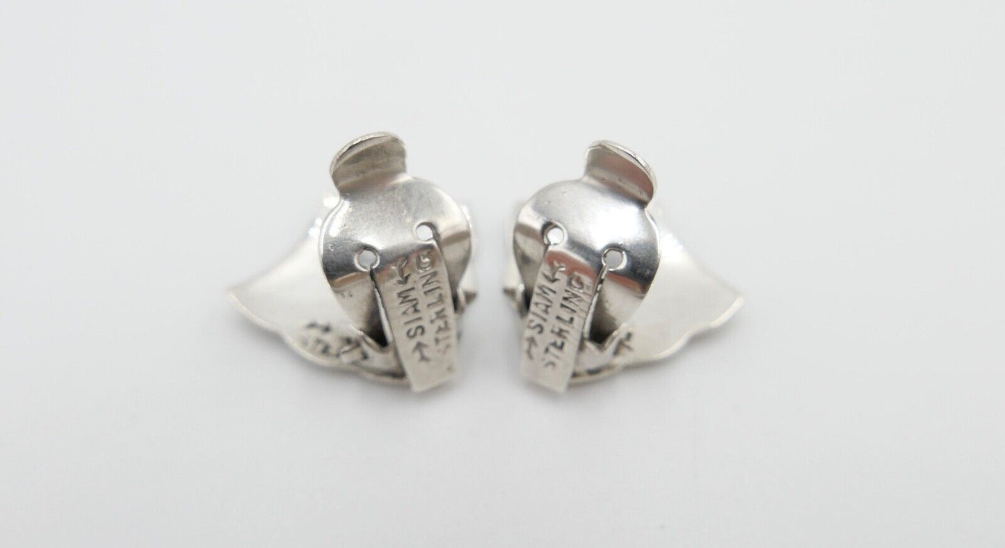 30er 40er Vintage Siam Sterling Silber Dunkelblau Grau Emaille Ohrclips - Antikhandel-Stuttgart