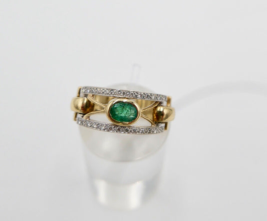 Eleganter Gelbgold Damen Ring Brillant & Smaragd SADEIS 585 14K Gr. 58 0,66 Ct - Antikhandel-Stuttgart