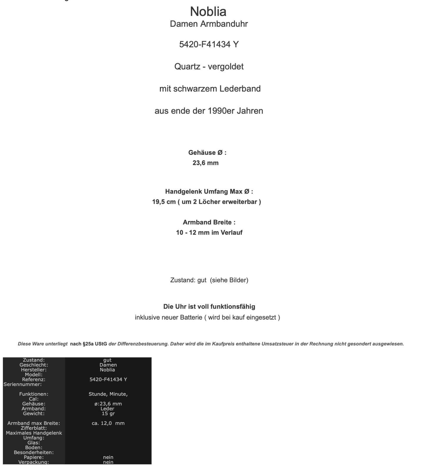 90er Jahre Noblia Damen Armbanduhr 5420-F41434 Y Quartz vergoldet Lederband - Antikhandel-Stuttgart