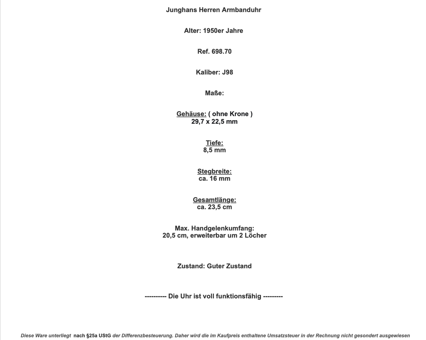 Junghans Cal. J98 Herren Armbanduhr 1950er Jahre Ref. 698.70 - Antikhandel-Stuttgart