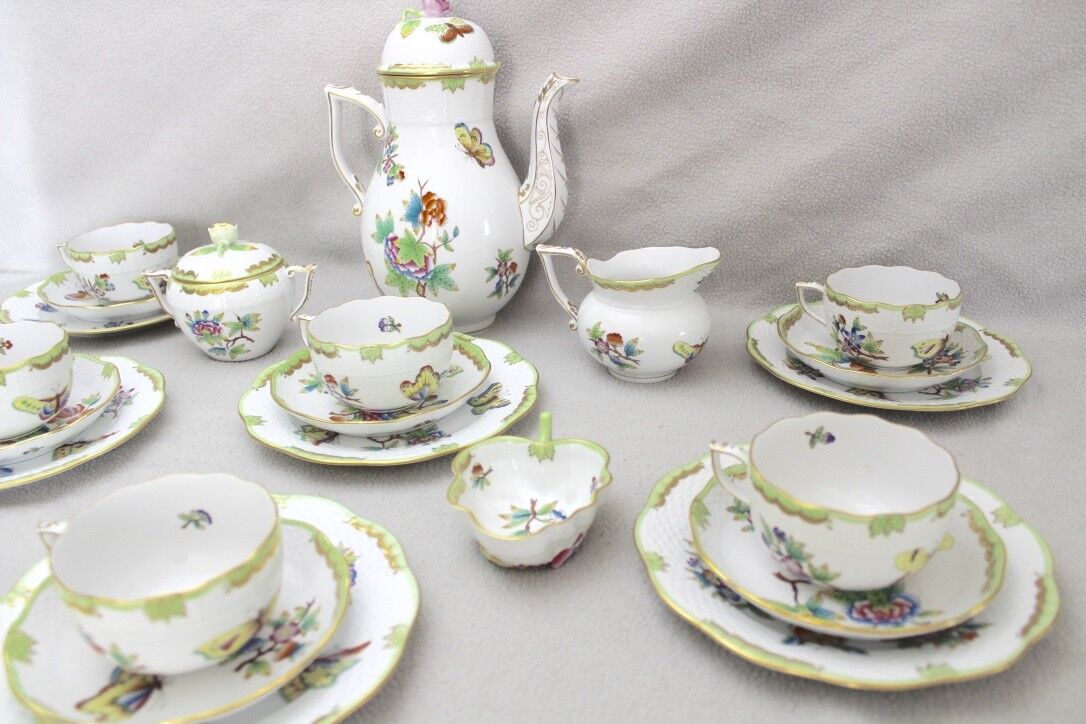 39 Tlg Herend Queen Victoria " Kaffees & Tee Service " Green Border Grün 1.Wahl - Antikhandel-Stuttgart