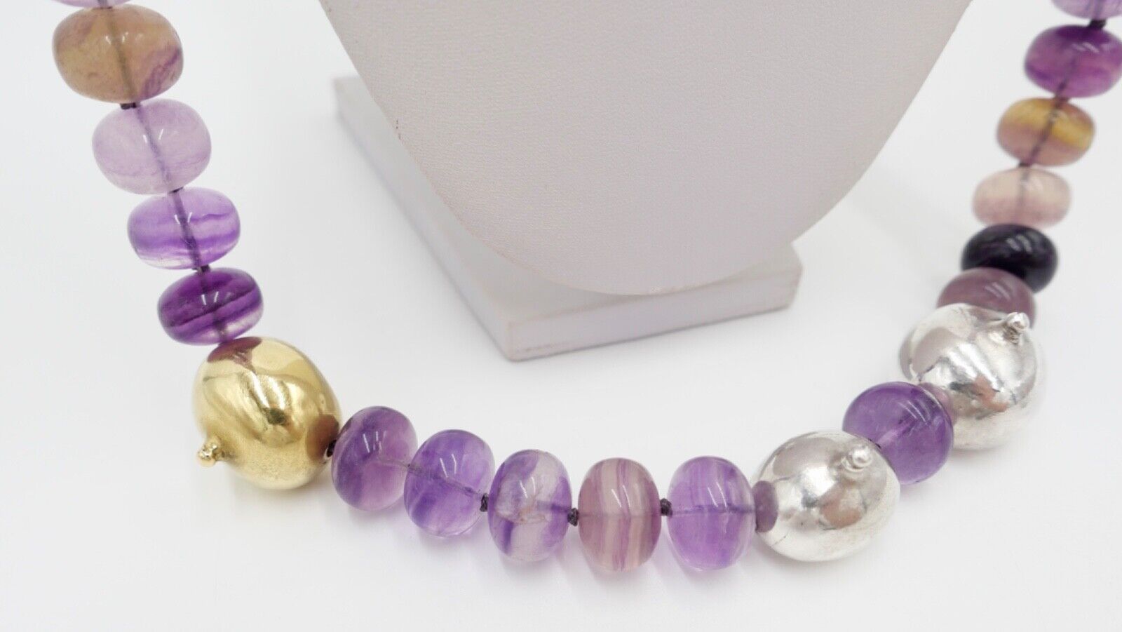 Amethyst Kette Collier 925 Silber & 750 Gold Elementen 90 cm Magnet Verschluss - Antikhandel-Stuttgart