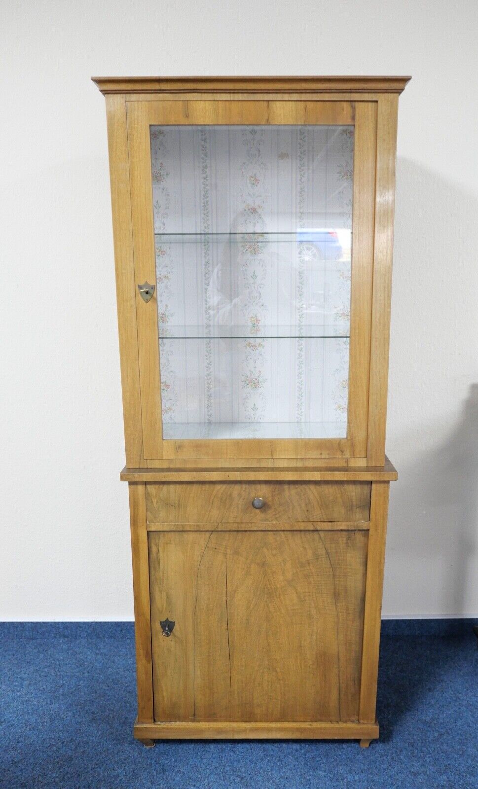 Biedermeier um 1840 Aufsatzvitrine Glasvitrine 2 Tlg. Eiche Nussbaum 169x66x42cm - Antikhandel-Stuttgart