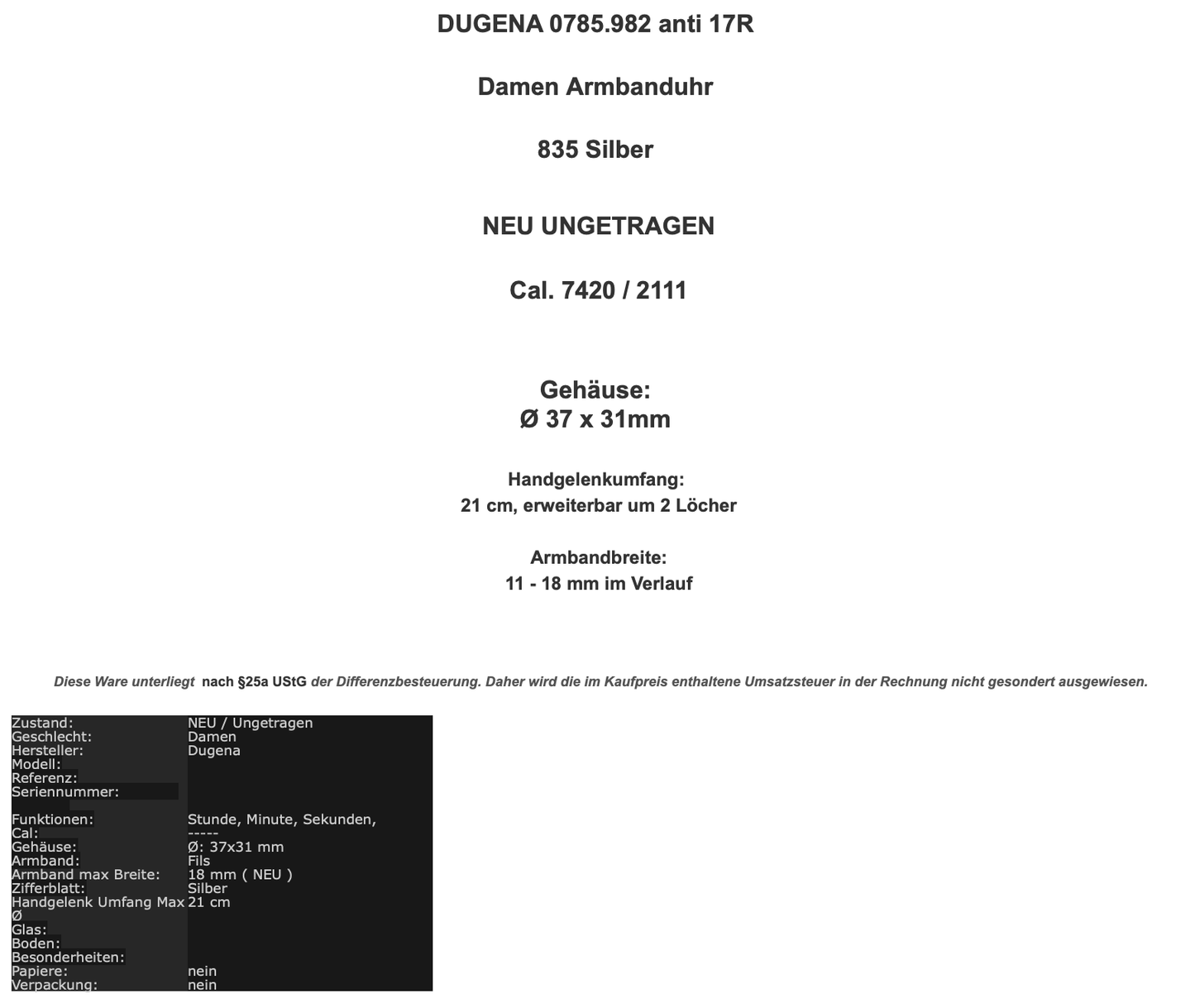 DUGENA 0785.982 anti 17R Damen Armbanduhr 835 Silber Ø 37 x 31mm NEU UNGETRAGEN - Antikhandel-Stuttgart