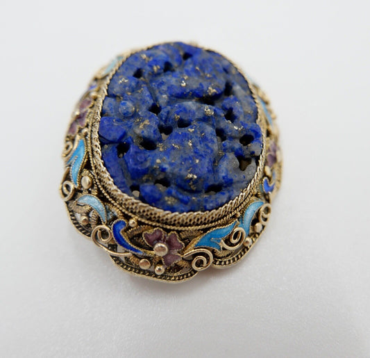 Lapislazuli Lapis Lazuli Brosche Emaille Silber vergoldet 1960er Jahre China - Antikhandel-Stuttgart