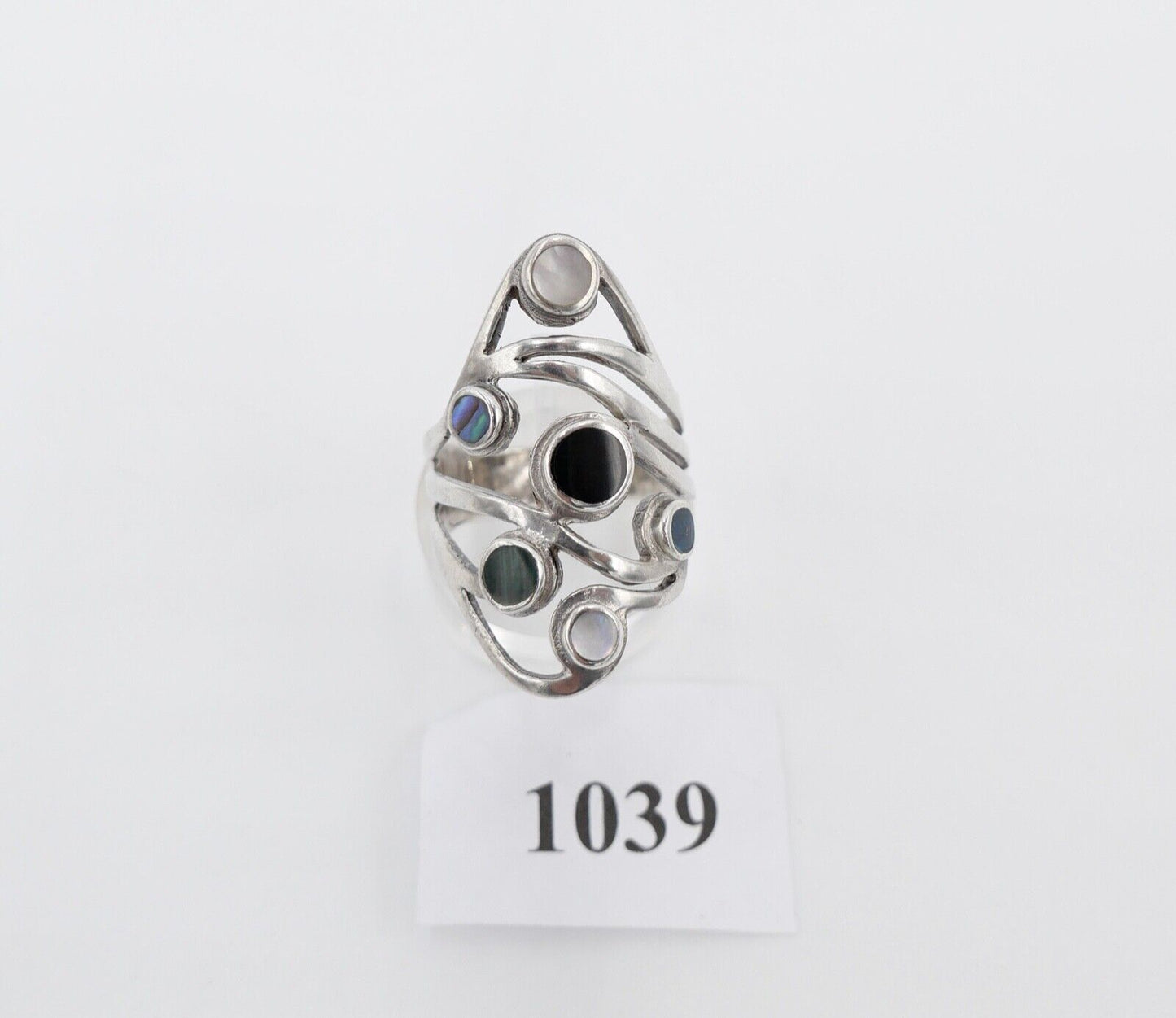 80er Silberrring Damen Statement Ring Gr. 60 Silber 925 Türkis Malachit Perlmutt - Antikhandel-Stuttgart