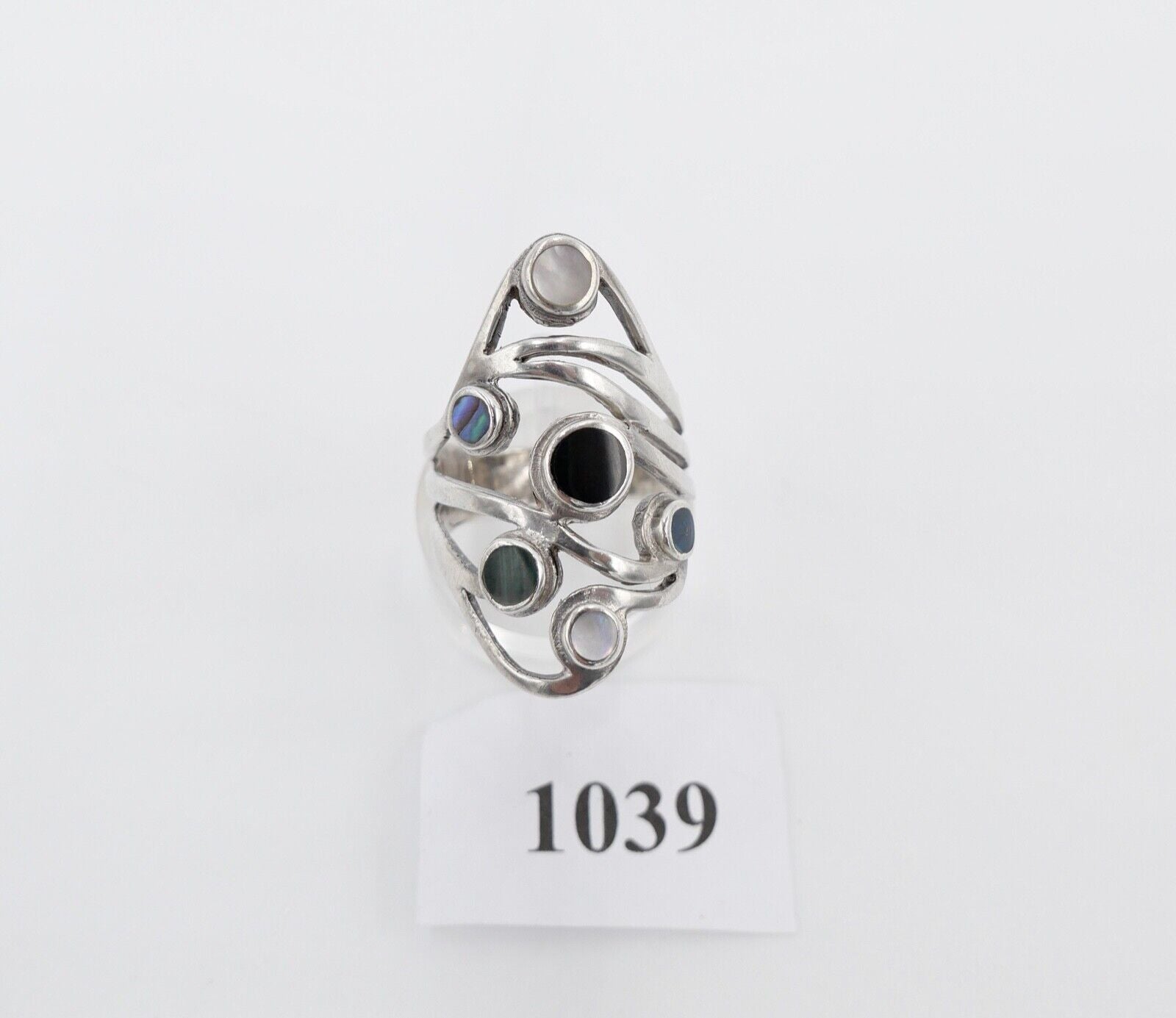80er Silberrring Damen Statement Ring Gr. 60 Silber 925 Türkis Malachit Perlmutt - Antikhandel-Stuttgart