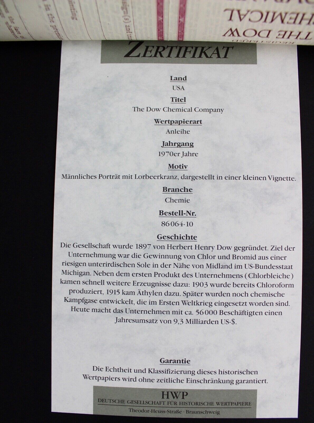 The Dow Chemical Company 1970er alte USA Aktie Stock Certificate 19,000 Dollars - Antikhandel-Stuttgart